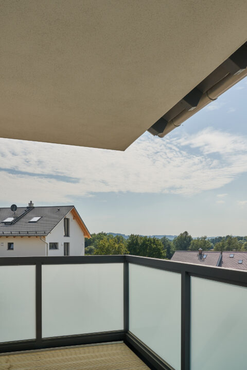 Balkongeländer aus mattem Sicherheitsglas mit dunklen Pfosten auf einem Balkon mit Holzboden und weitem Blick ins Grüne.