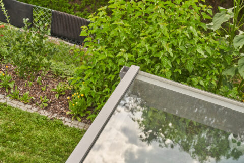 Klares Sicherheitsglasdach über einer Terrasse mit grauem Metallrahmen, umgeben von einem grünen Garten mit Pflanzen.
