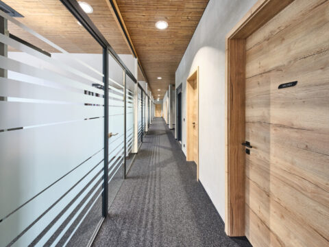 Langer Bürogang mit satinierten Glasabtrennungen und Holztüren, schafft helle, diskrete Arbeitsbereiche in moderner Architek…