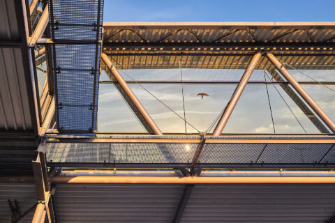 Detailansicht der modernen Glas- und Stahlkonstruktion am Bahnhof Mühldorf mit einem Vogel im Himmel, Oberhauser Bau Systeme…