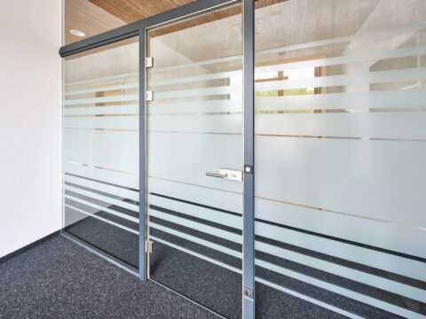 Moderne Ganzglas-Türanlage mit Seitenwand und Oberlicht, ausgestattet mit satinierten Streifen für optimalen Sichtschutz.