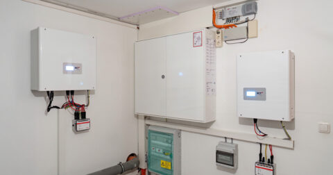 Komponenten einer Photovoltaikanlage im Keller, darunter Wechselrichter, Stromzähler und Schaltschränke für effiziente Energ…