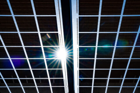 Detaillierte Aufnahme von Photovoltaik-Dachmodulen aus Glas mit der Sonne, die durch die Gitterstruktur scheint und Lichtref…