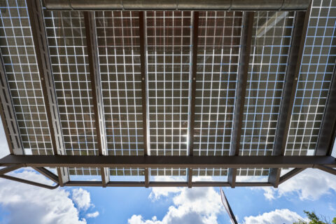 Solar-Terrassenüberdachung mit filigraner Glasbau-Konstruktion und integrierten transparenten Photovoltaikmodulen von unten…